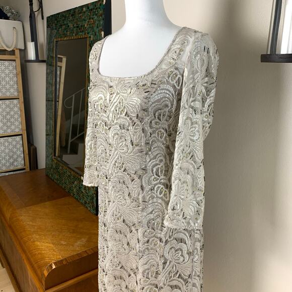Kay Unger Size 14 Women's Long Sleeve Floral Lace Sequin Sheath Dress Formal - Picture 3 of 14
